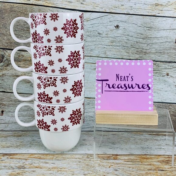 Noble Excellence CRIMSON Red Snowflakes Porcelain Stackable Cups Mugs Set Four - Picture 1 of 9